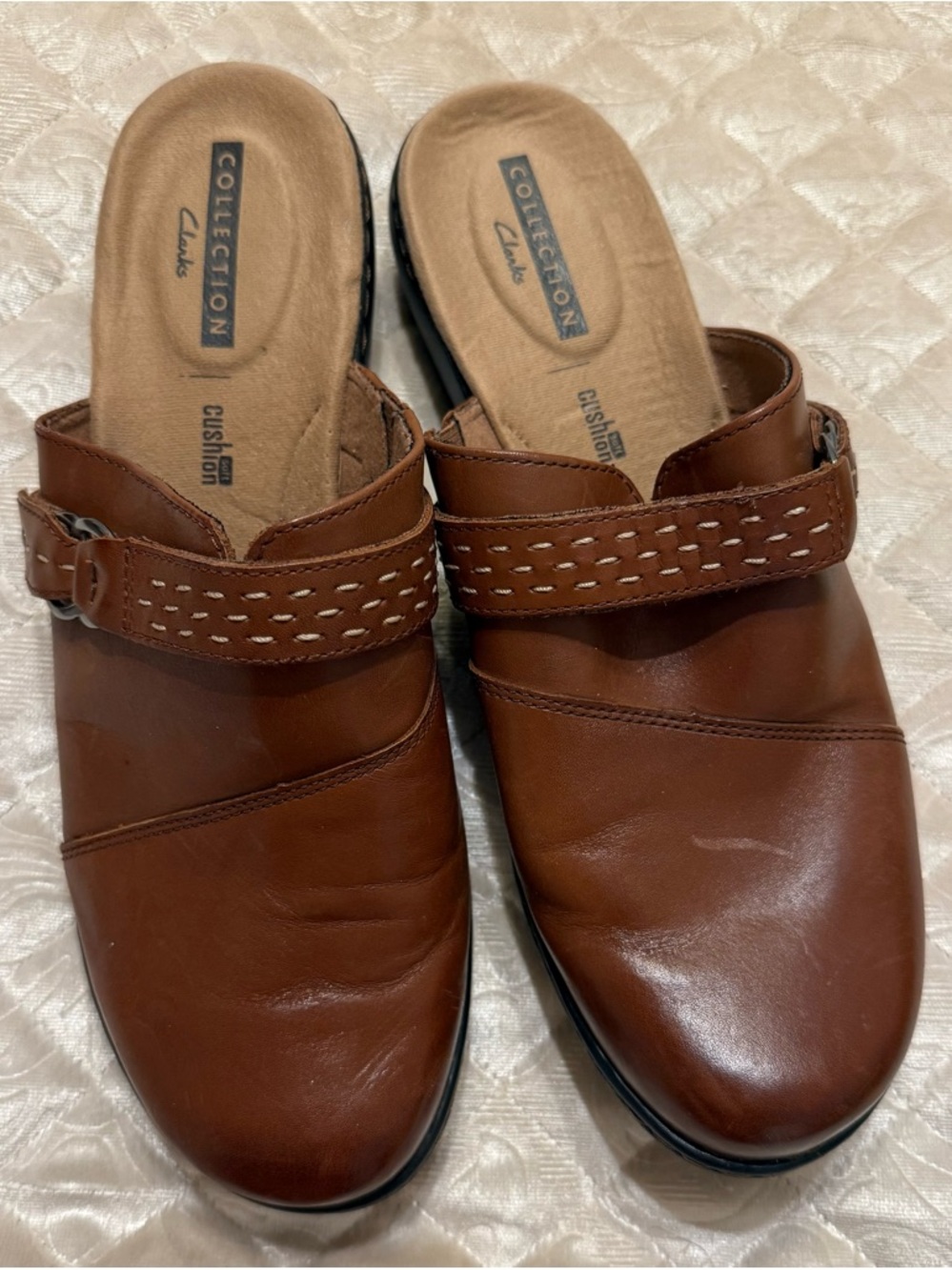 Clarks Collection Women's Brown Leather Slip-On Mules with Buckle Strap Size 10